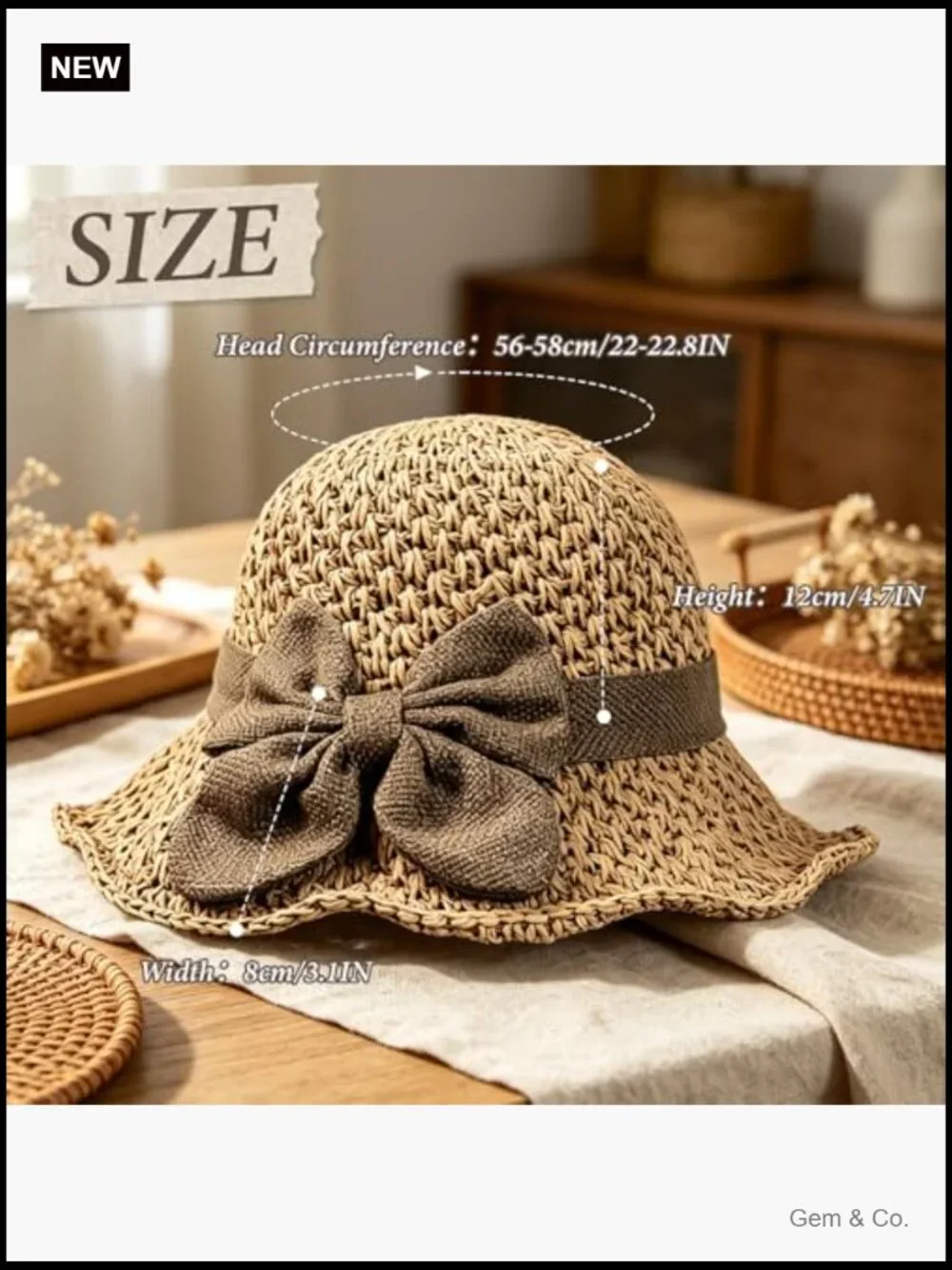 Woven Straw Sun Hat with Ruffled Bow, Foldable Travel Bucket Hat